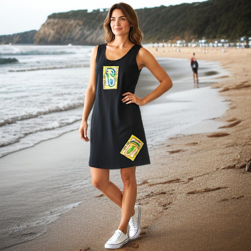 Vintage Graphic Knit Tank Dress S Black Artsy‎ Boho Lagenlook Midi Easy Apparel